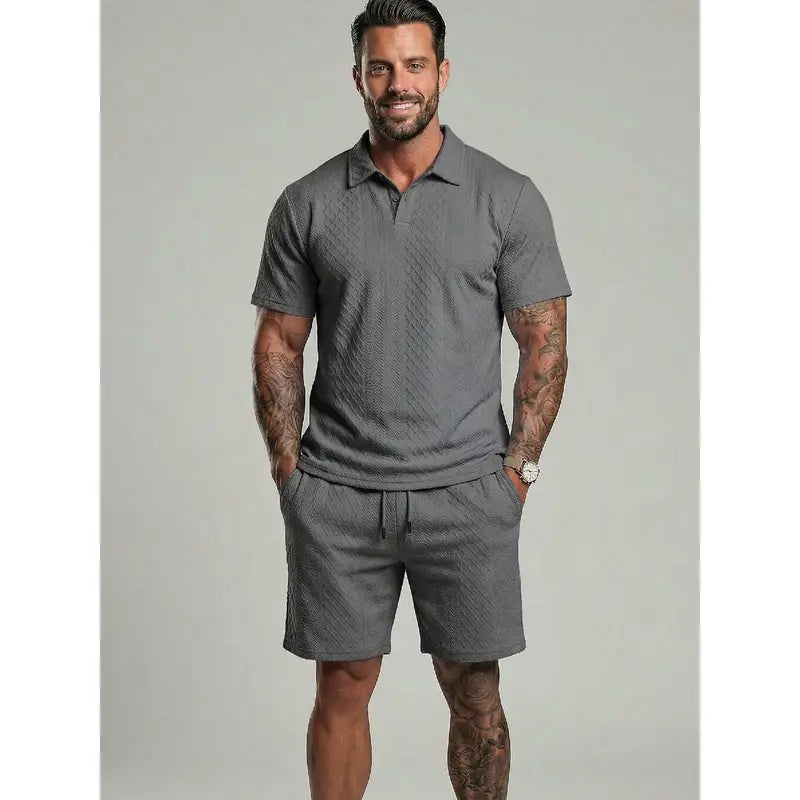 Men's Solid Polo Shirt & Drawstring Waist Shorts Set Cozy Breathable Two-piece