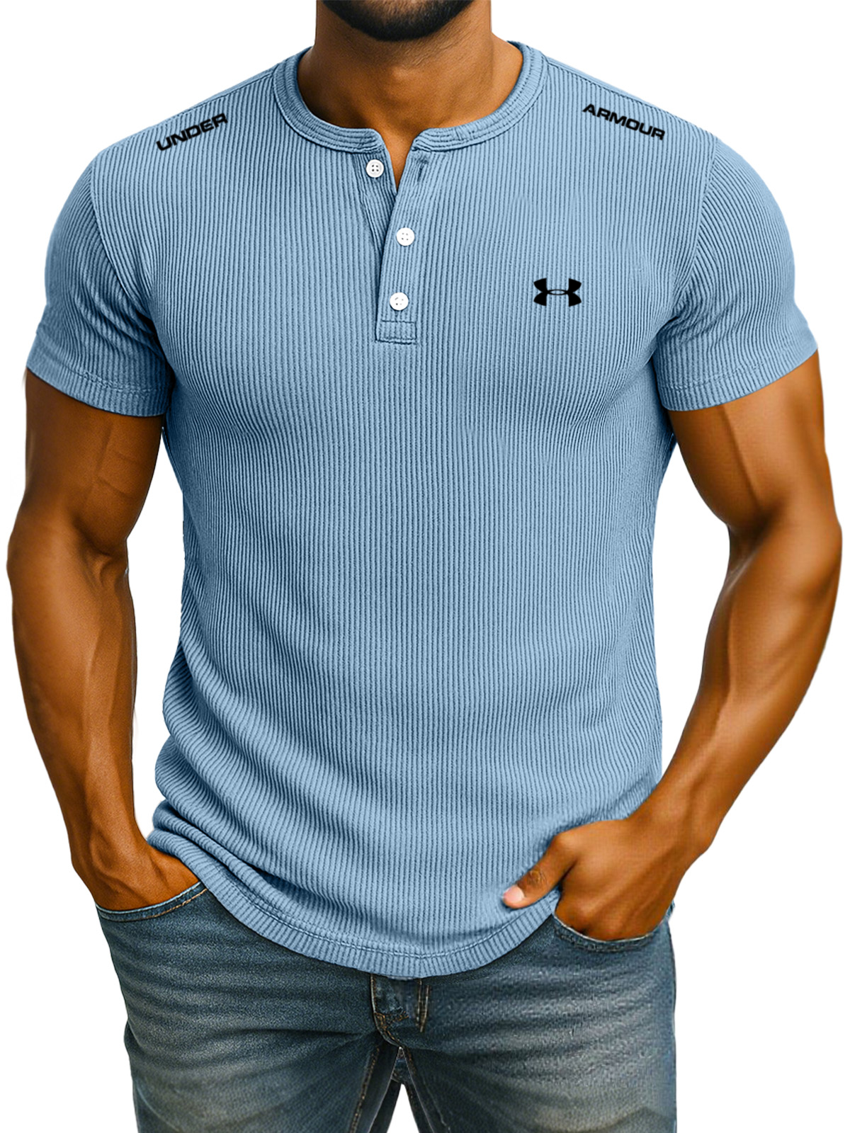 Men's sports casual solid color short-sleeved Henley shirt