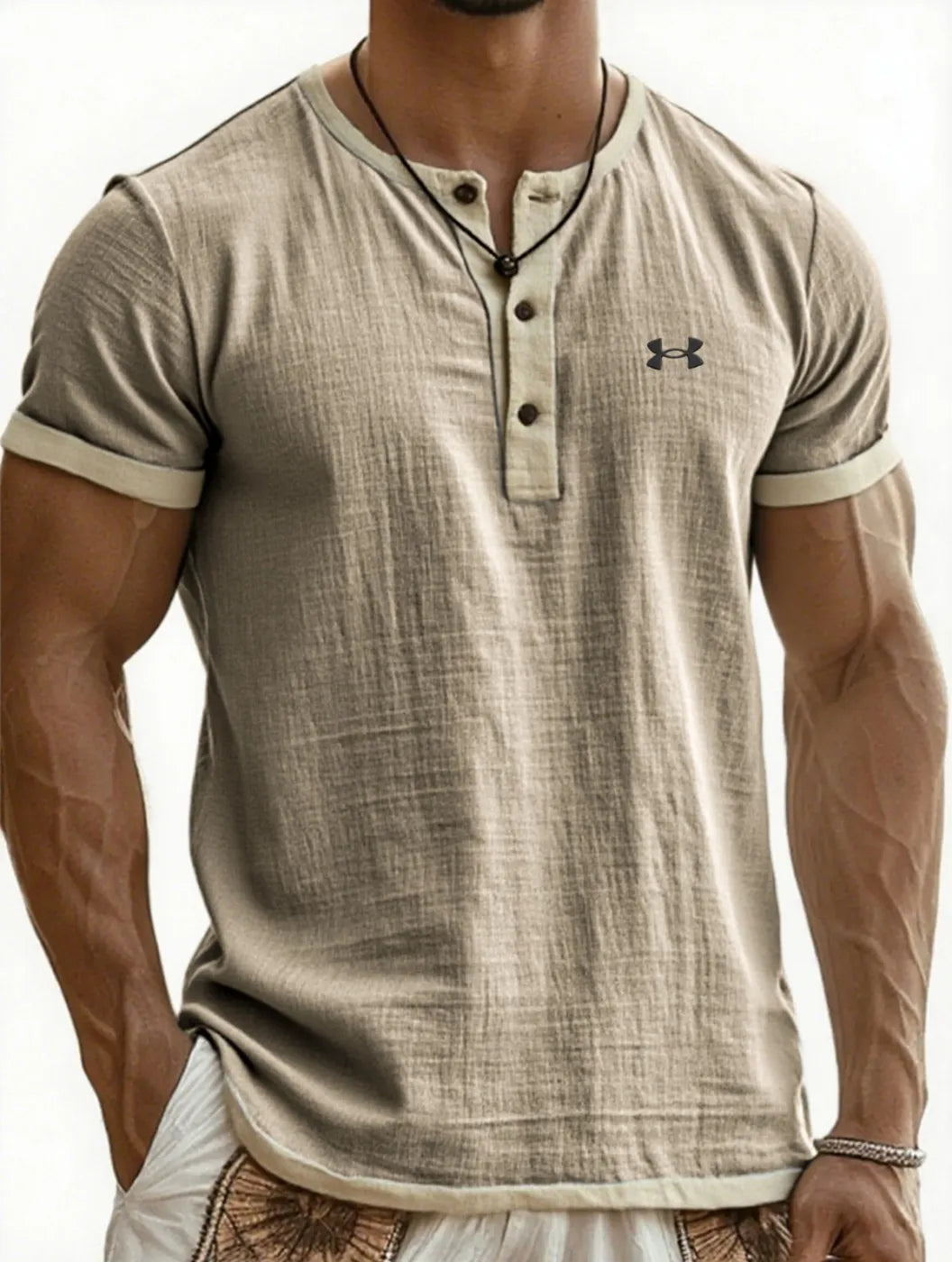 Men's Cotton Linen Breathable Casual Color Block Henley T-Shirt