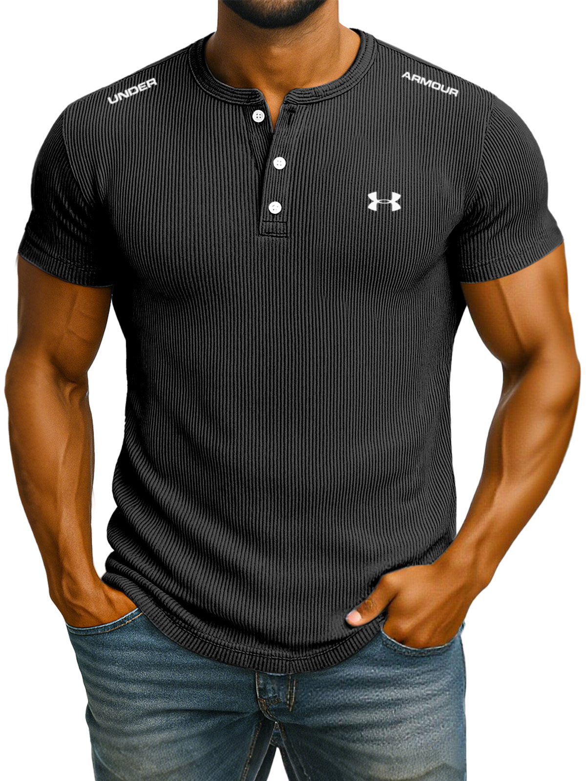 Men's sports casual solid color short-sleeved Henley shirt
