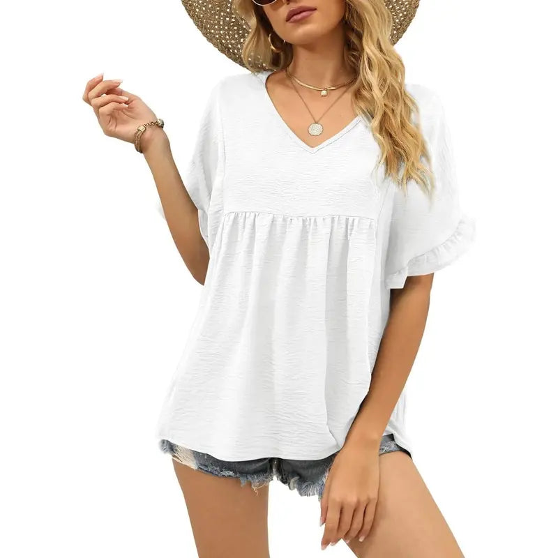 Women's Casual V Neck Ruffle Sleeve Peplum Tops