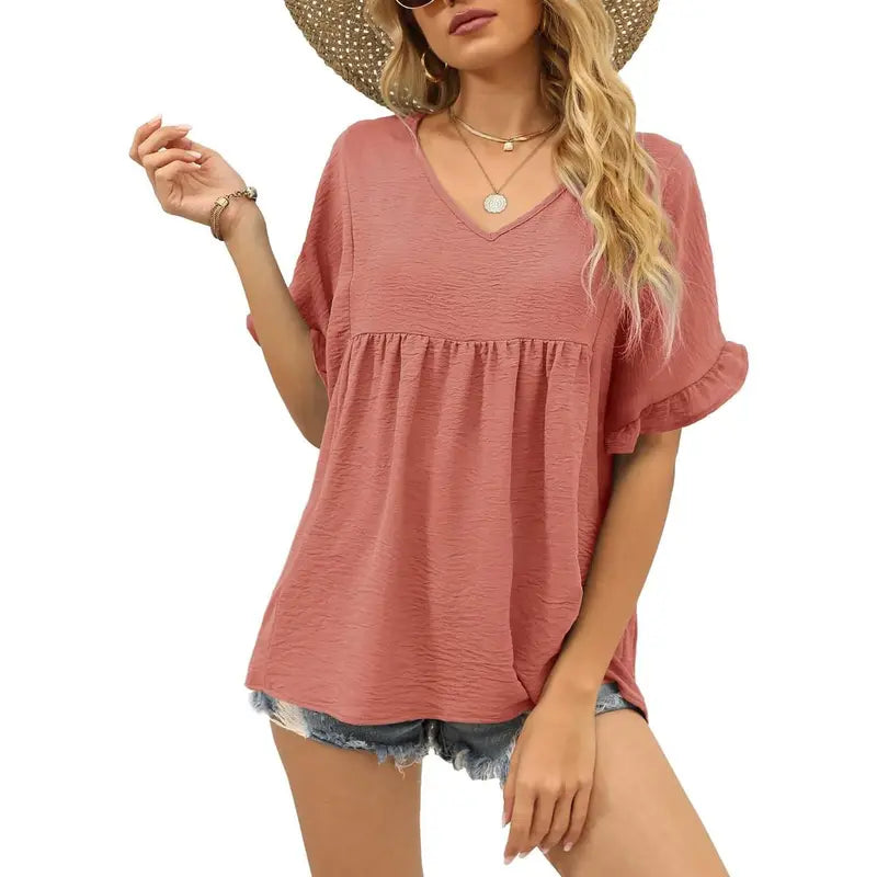 Women's Casual V Neck Ruffle Sleeve Peplum Tops