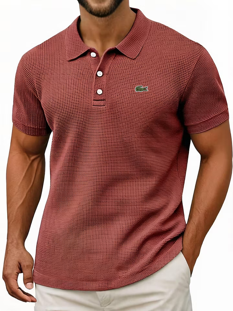 Men's Cotton Waffle Vintage Casual Breathable Pinholes Short Sleeve Polo Shirt