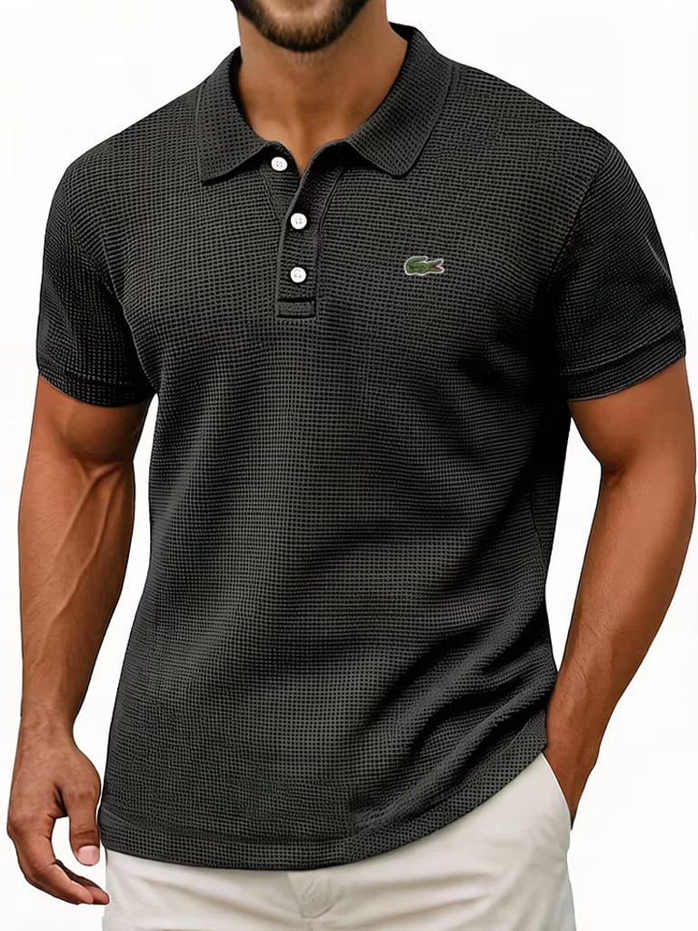 Men's Cotton Waffle Vintage Casual Breathable Pinholes Short Sleeve Polo Shirt