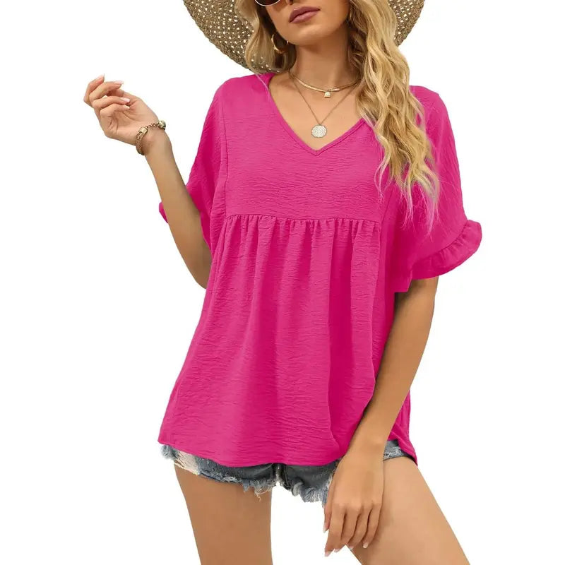 Women's Casual V Neck Ruffle Sleeve Peplum Tops