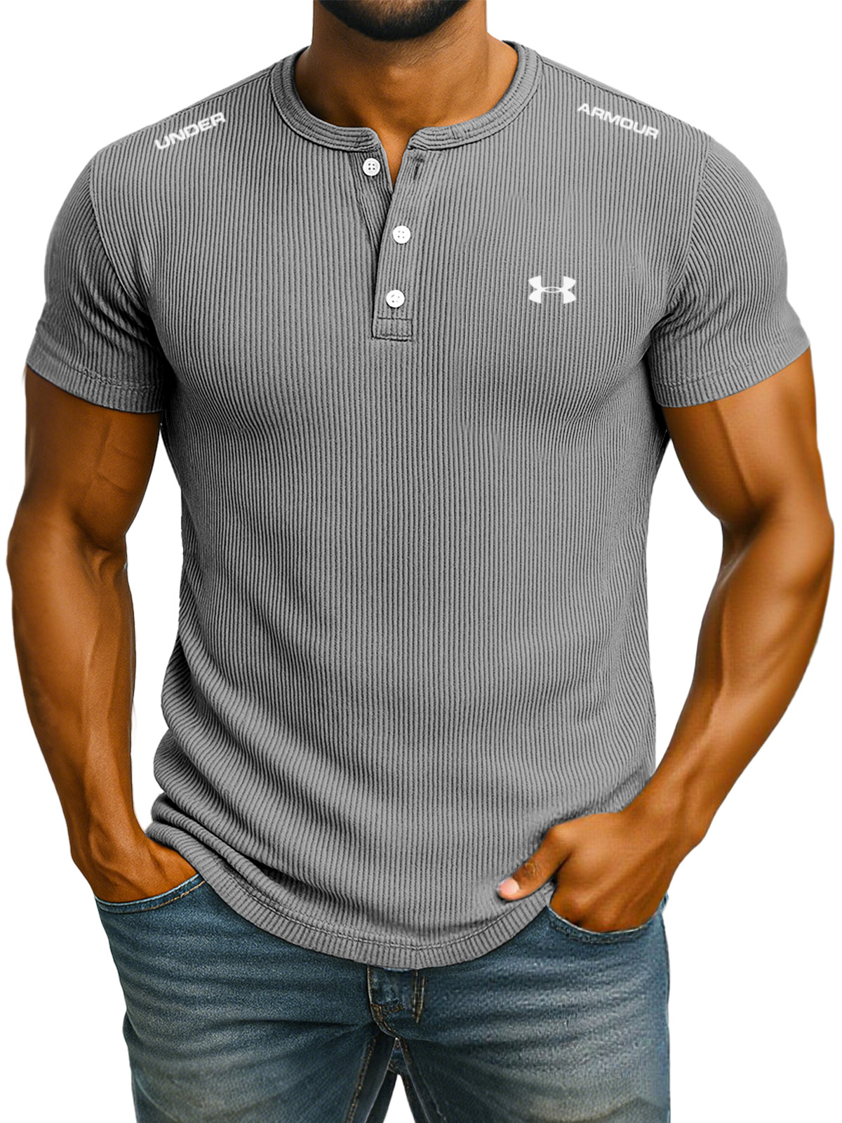 Men's sports casual solid color short-sleeved Henley shirt