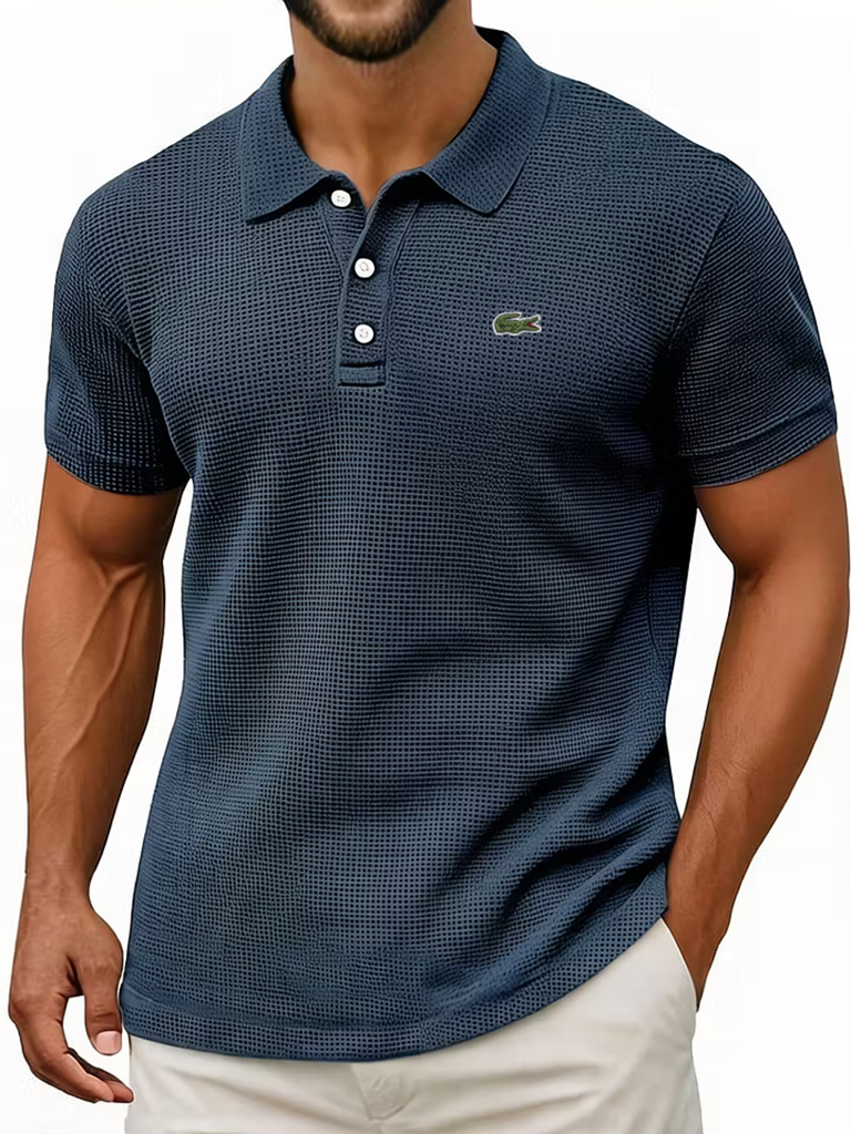 Men's Cotton Waffle Vintage Casual Breathable Pinholes Short Sleeve Polo Shirt