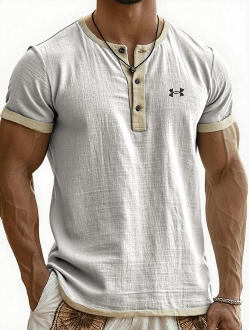 Men's Cotton Linen Breathable Casual Color Block Henley T-Shirt
