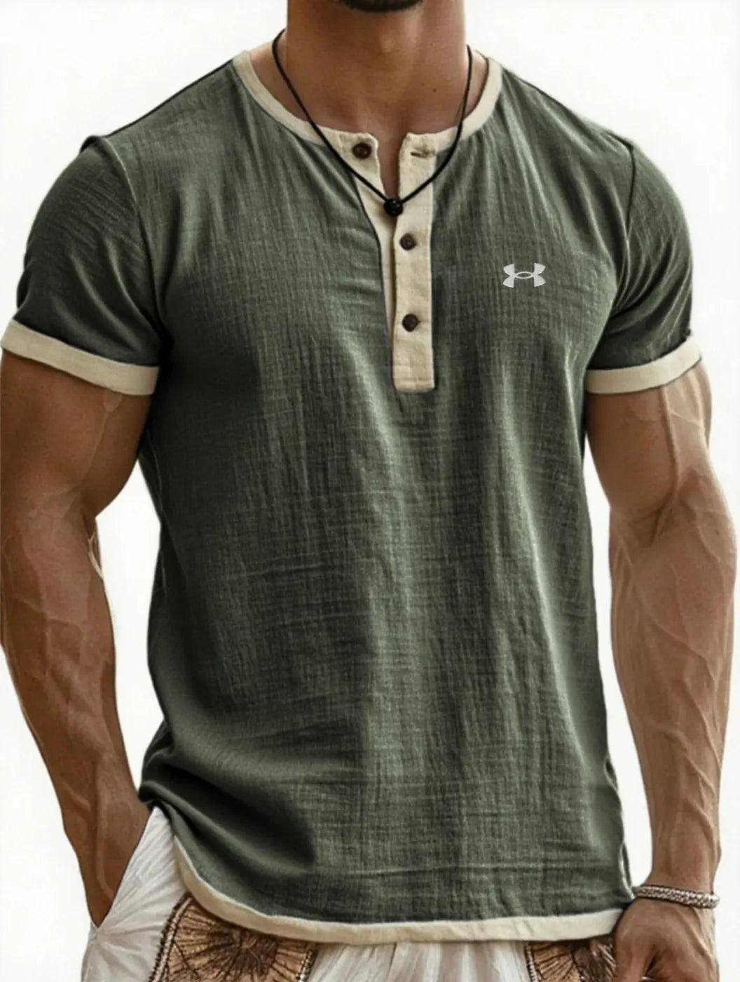 Men's Cotton Linen Breathable Casual Color Block Henley T-Shirt