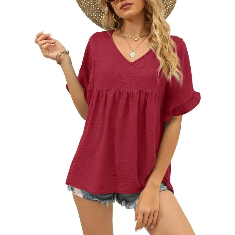 Women's Casual V Neck Ruffle Sleeve Peplum Tops