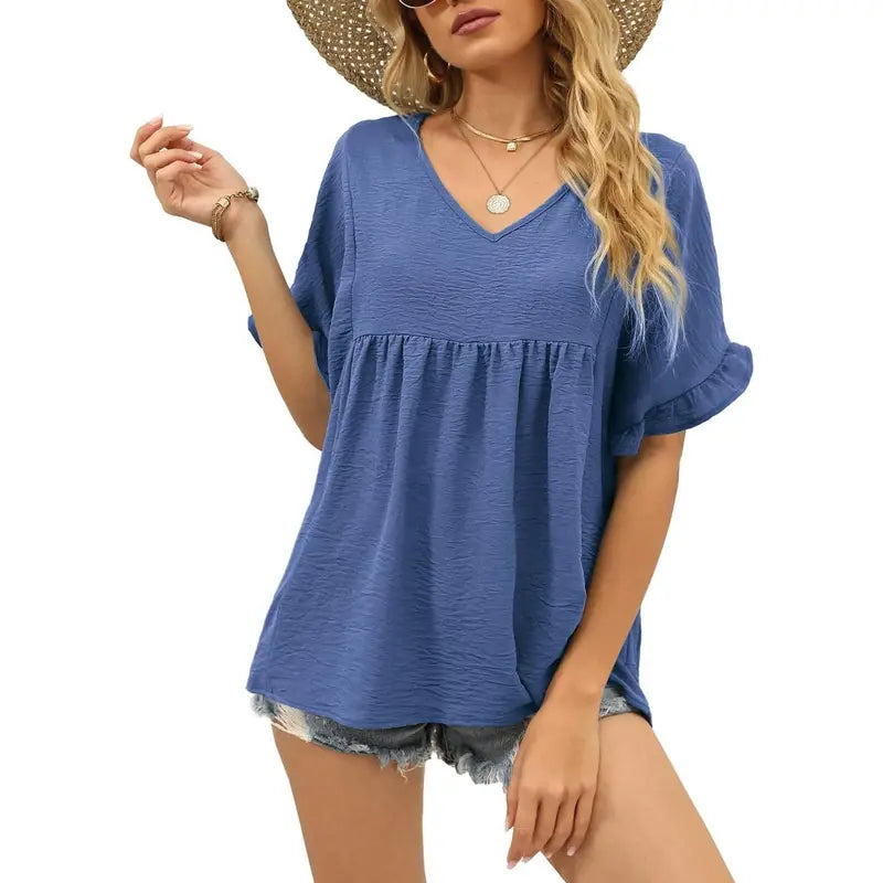 Women's Casual V Neck Ruffle Sleeve Peplum Tops
