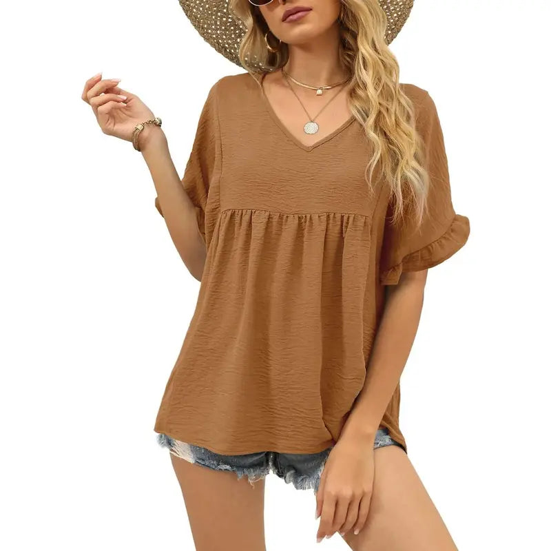Women's Casual V Neck Ruffle Sleeve Peplum Tops