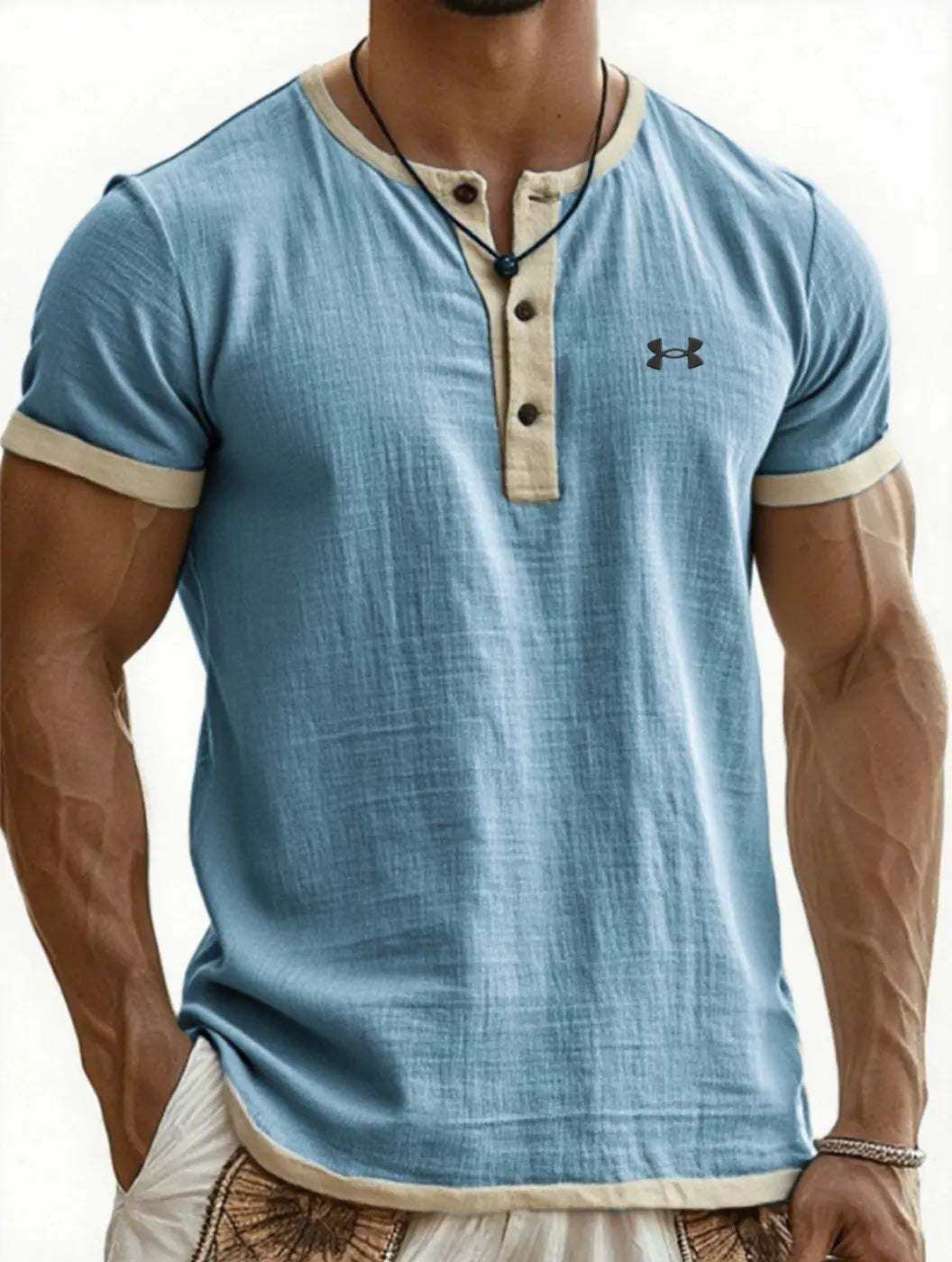 Men's Cotton Linen Breathable Casual Color Block Henley T-Shirt