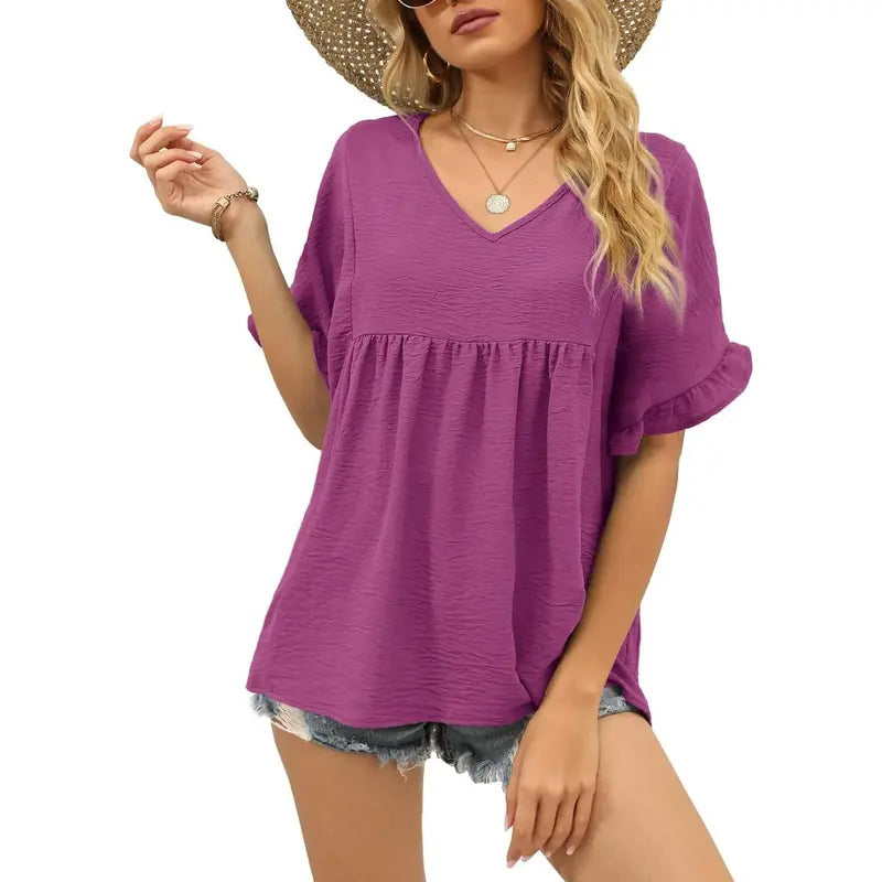 Women's Casual V Neck Ruffle Sleeve Peplum Tops
