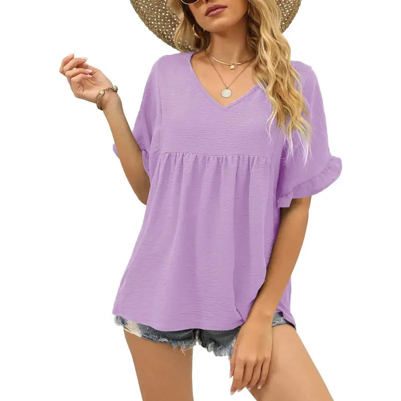 Women's Casual V Neck Ruffle Sleeve Peplum Tops