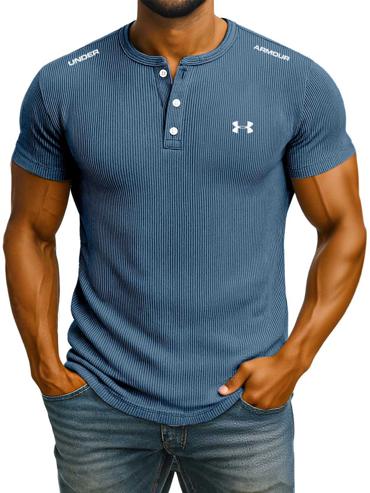 Men's sports casual solid color short-sleeved Henley shirt