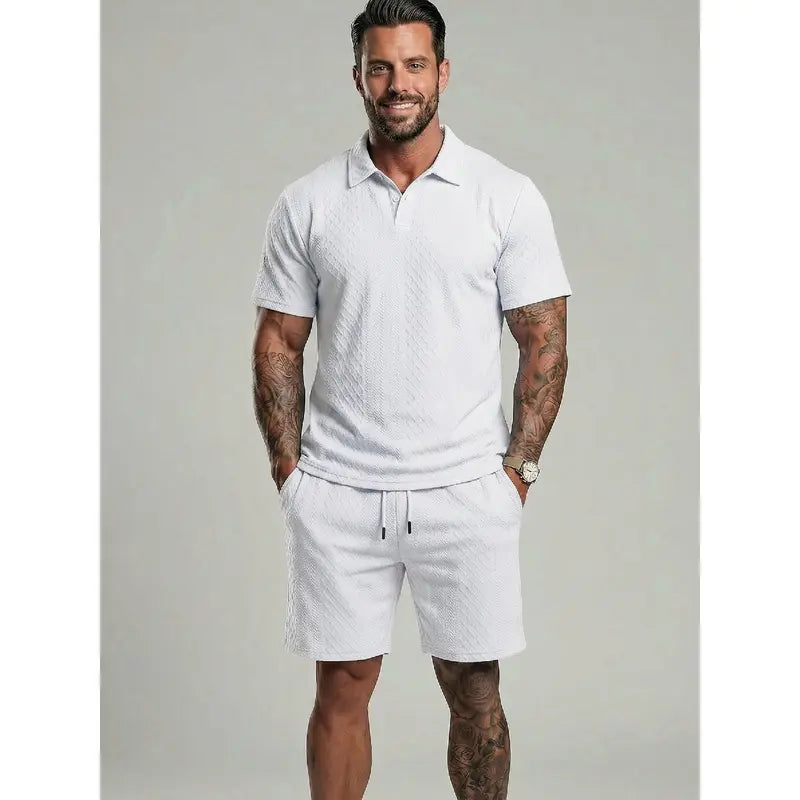Men's Solid Polo Shirt & Drawstring Waist Shorts Set Cozy Breathable Two-piece