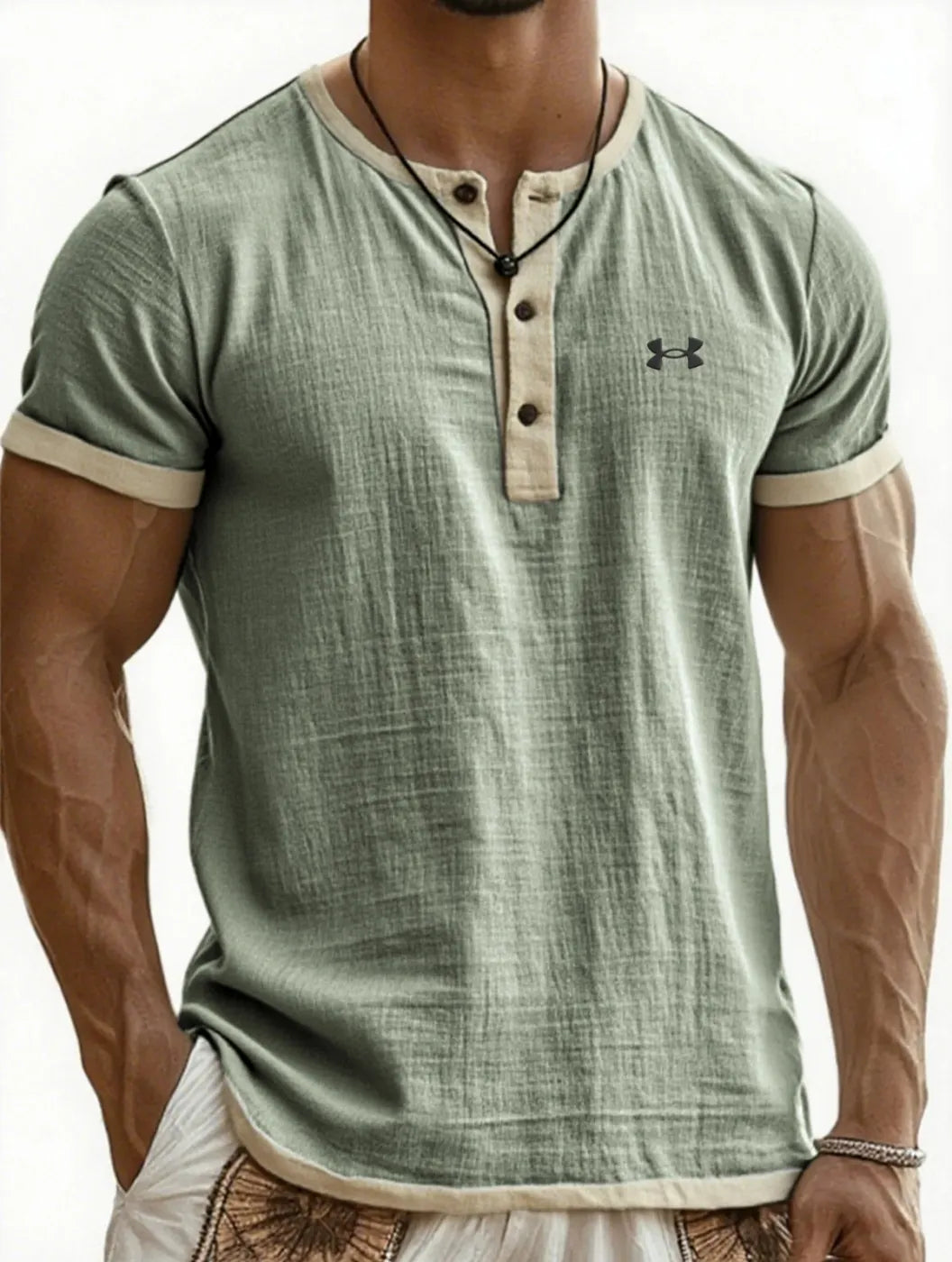 Men's Cotton Linen Breathable Casual Color Block Henley T-Shirt