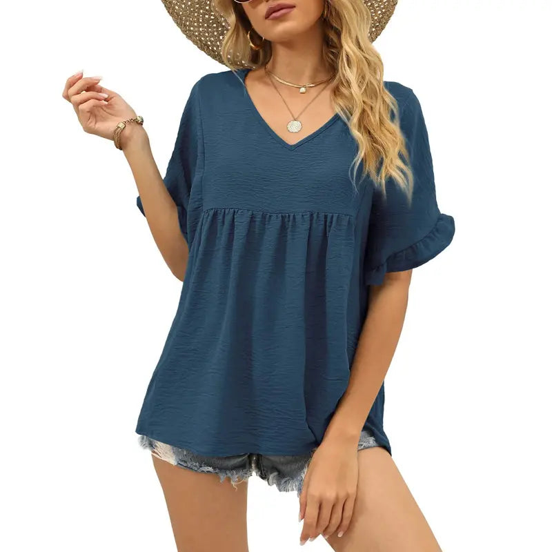 Women's Casual V Neck Ruffle Sleeve Peplum Tops