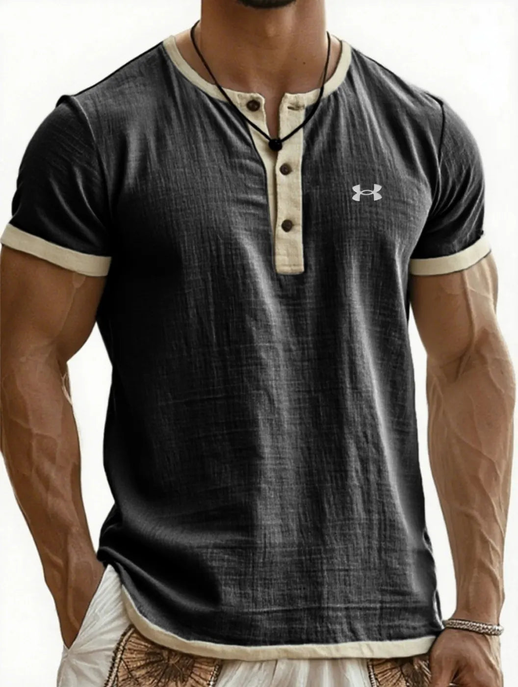 Men's Cotton Linen Breathable Casual Color Block Henley T-Shirt