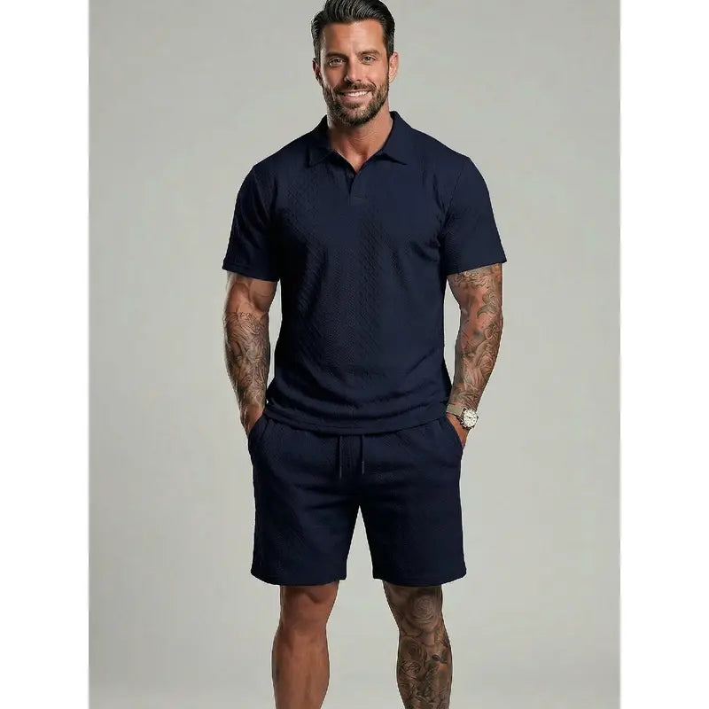 Men's Solid Polo Shirt & Drawstring Waist Shorts Set Cozy Breathable Two-piece