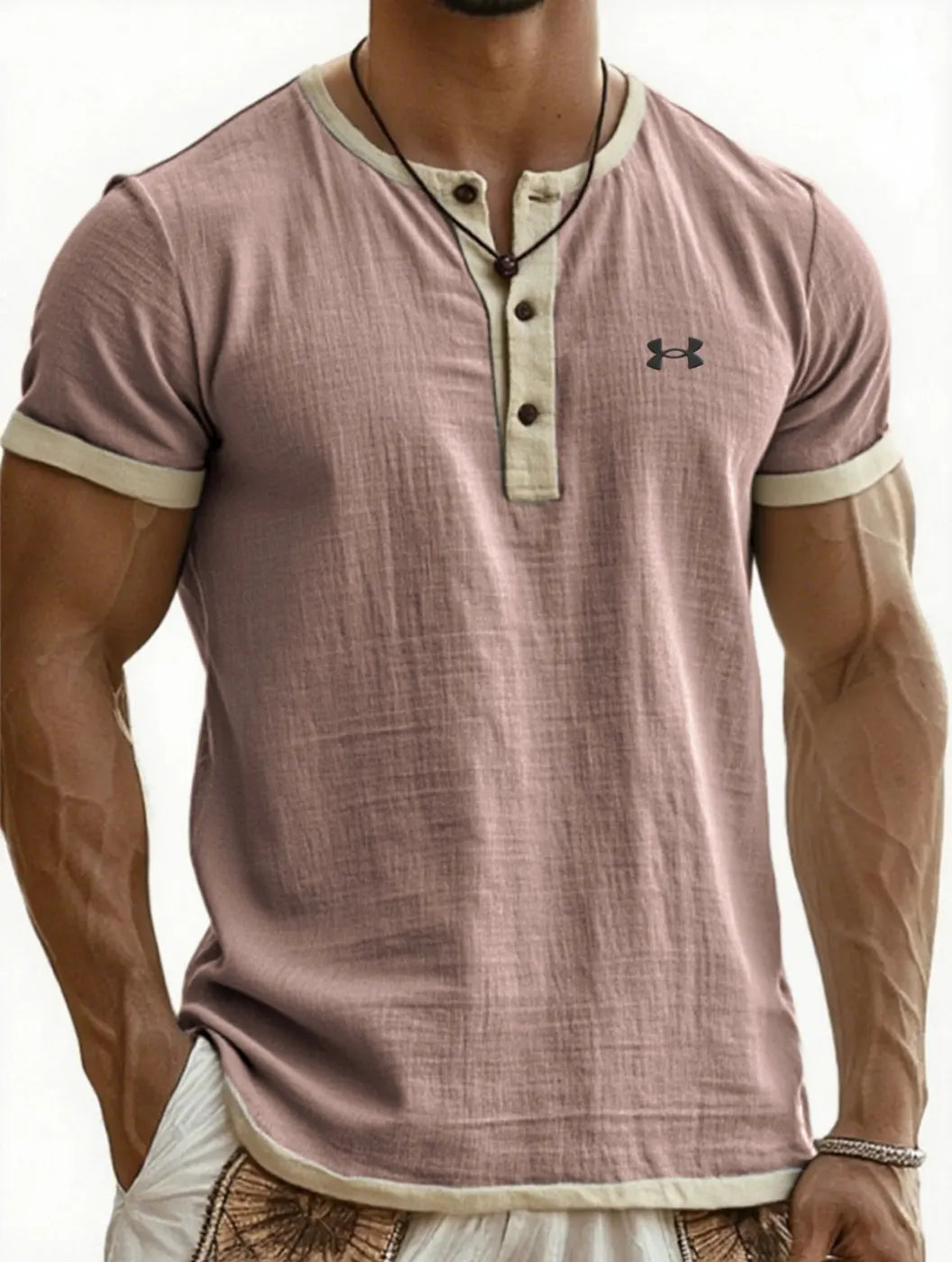 Men's Cotton Linen Breathable Casual Color Block Henley T-Shirt