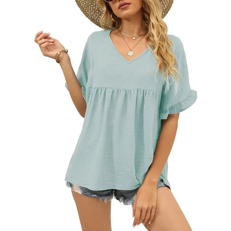 Women's Casual V Neck Ruffle Sleeve Peplum Tops