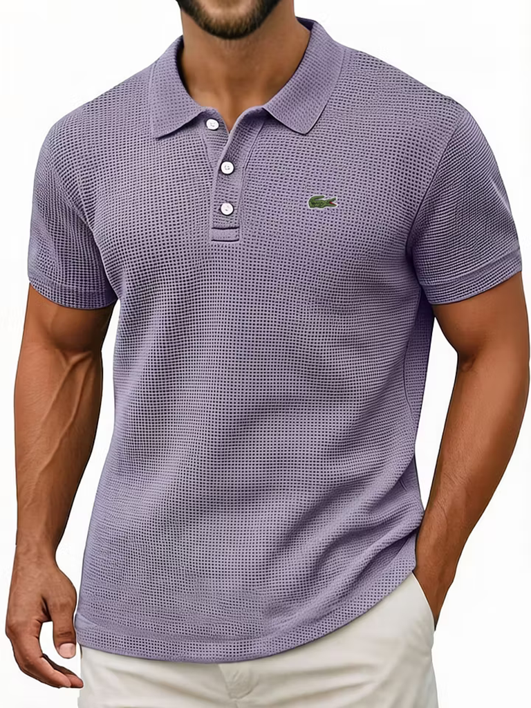 Men's Cotton Waffle Vintage Casual Breathable Pinholes Short Sleeve Polo Shirt