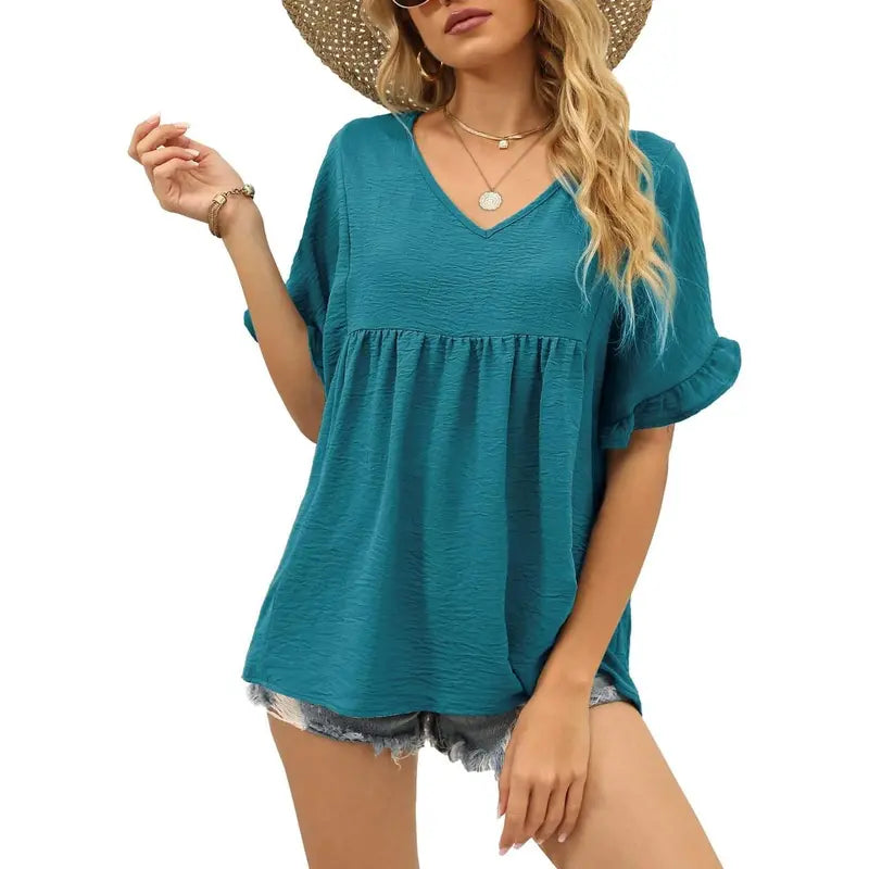Women's Casual V Neck Ruffle Sleeve Peplum Tops