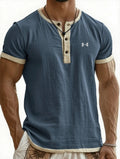 Men's Cotton Linen Breathable Casual Color Block Henley T-Shirt
