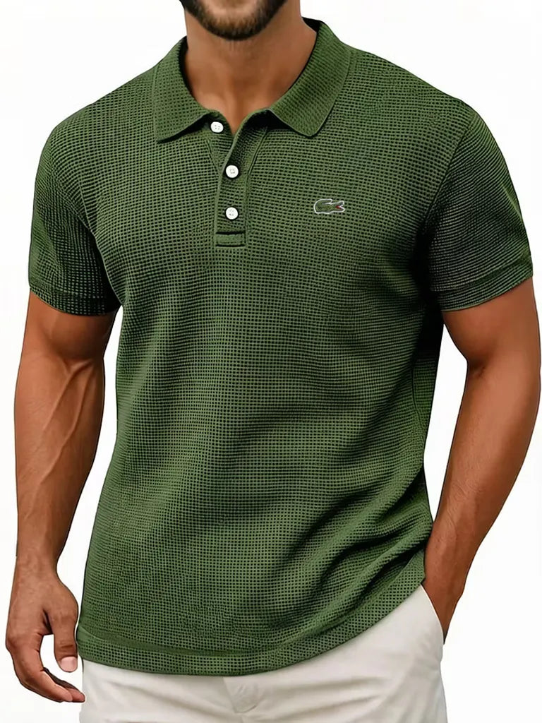 Men's Cotton Waffle Vintage Casual Breathable Pinholes Short Sleeve Polo Shirt