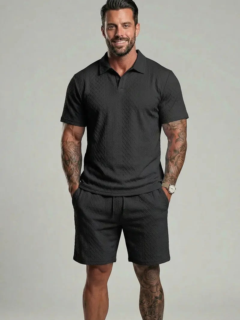 Men's Solid Polo Shirt & Drawstring Waist Shorts Set Cozy Breathable Two-piece
