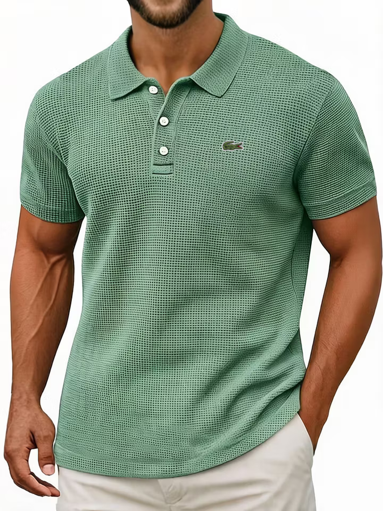Men's Cotton Waffle Vintage Casual Breathable Pinholes Short Sleeve Polo Shirt