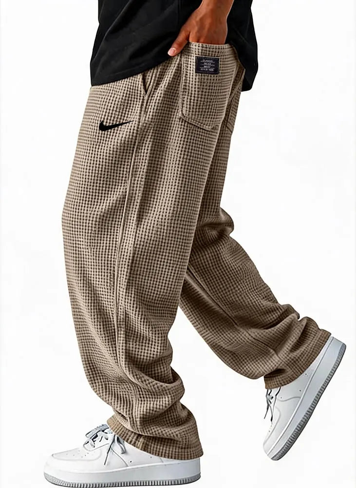 Waffle Grid Wide-Leg Casual Pants