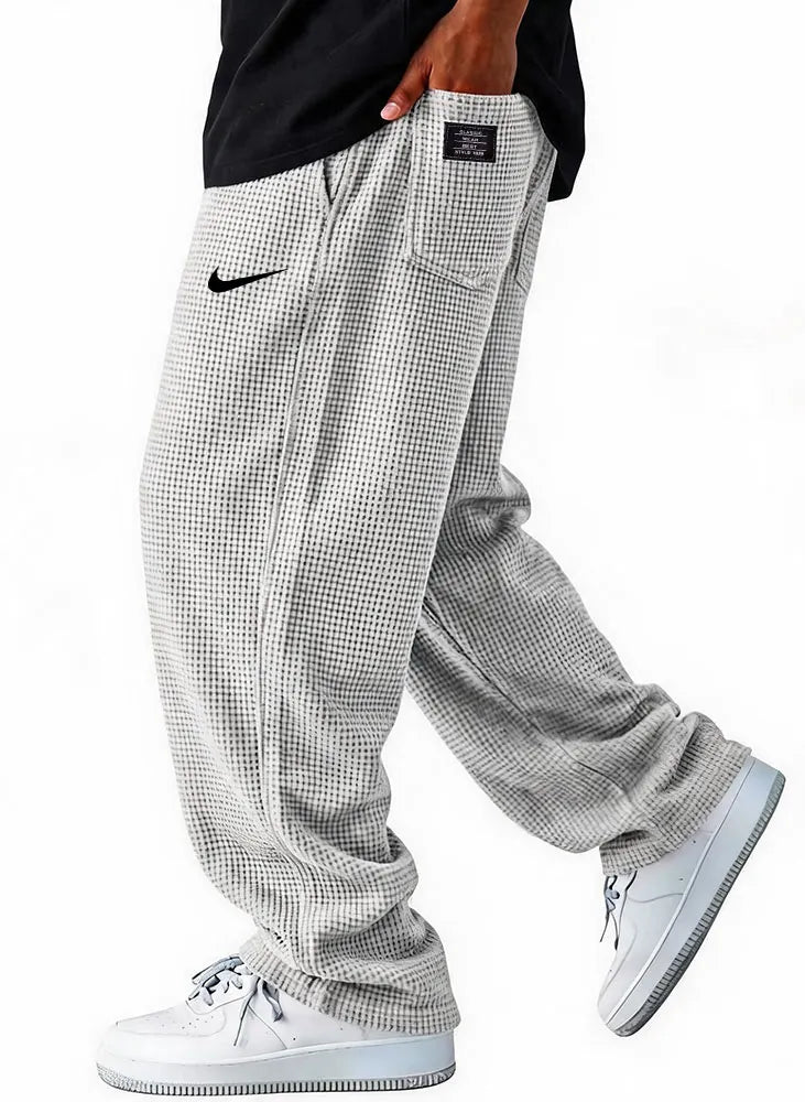 Waffle Grid Wide-Leg Casual Pants