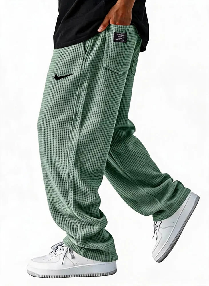 Waffle Grid Wide-Leg Casual Pants